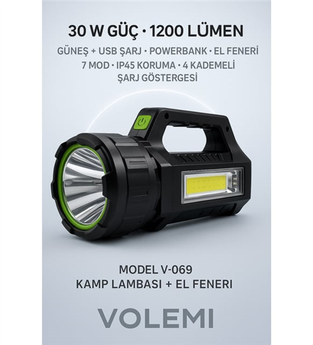 VOLEMİ V-069 UZUN MENZİLLİ ŞARJLI KAMP LAMBASI EL FENERİ – DEPREM, ACİL DURUM, BAHÇE VE KAMP KULLANIMI (SİYAH) (V-069)